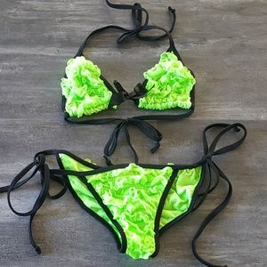 Green Black Ruffled LMG Bikini Set